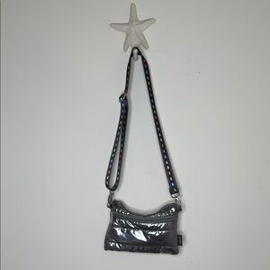 Sleek Gray Metallic Crossbody Bag with Chain Strap